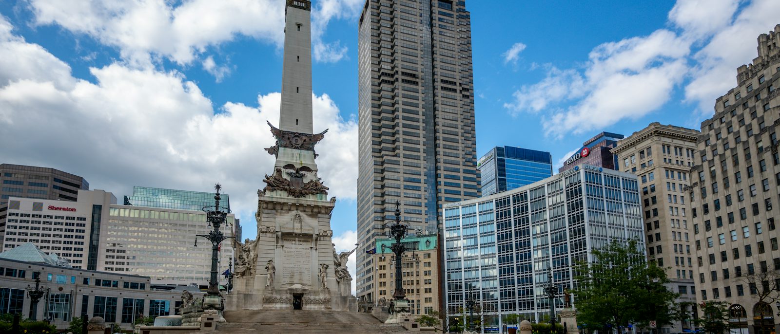 The monument at the center of downtown Indianapolis, ringed by city buildings