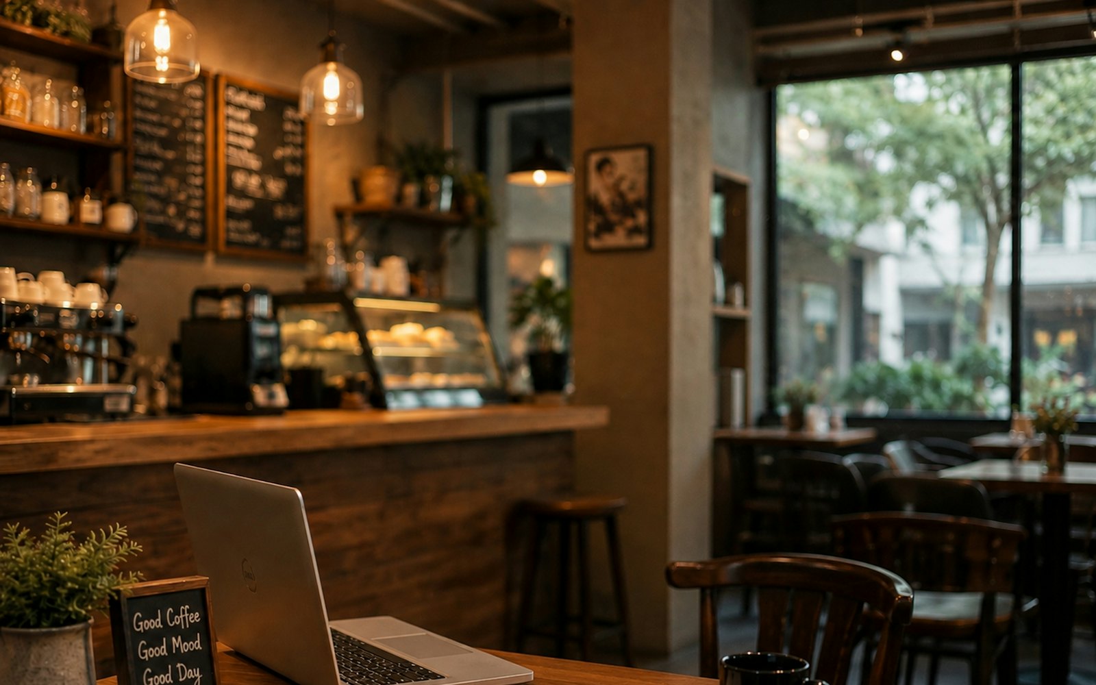 A laptop, notebook, pen and black coffee mug on a wooden table in a cafe