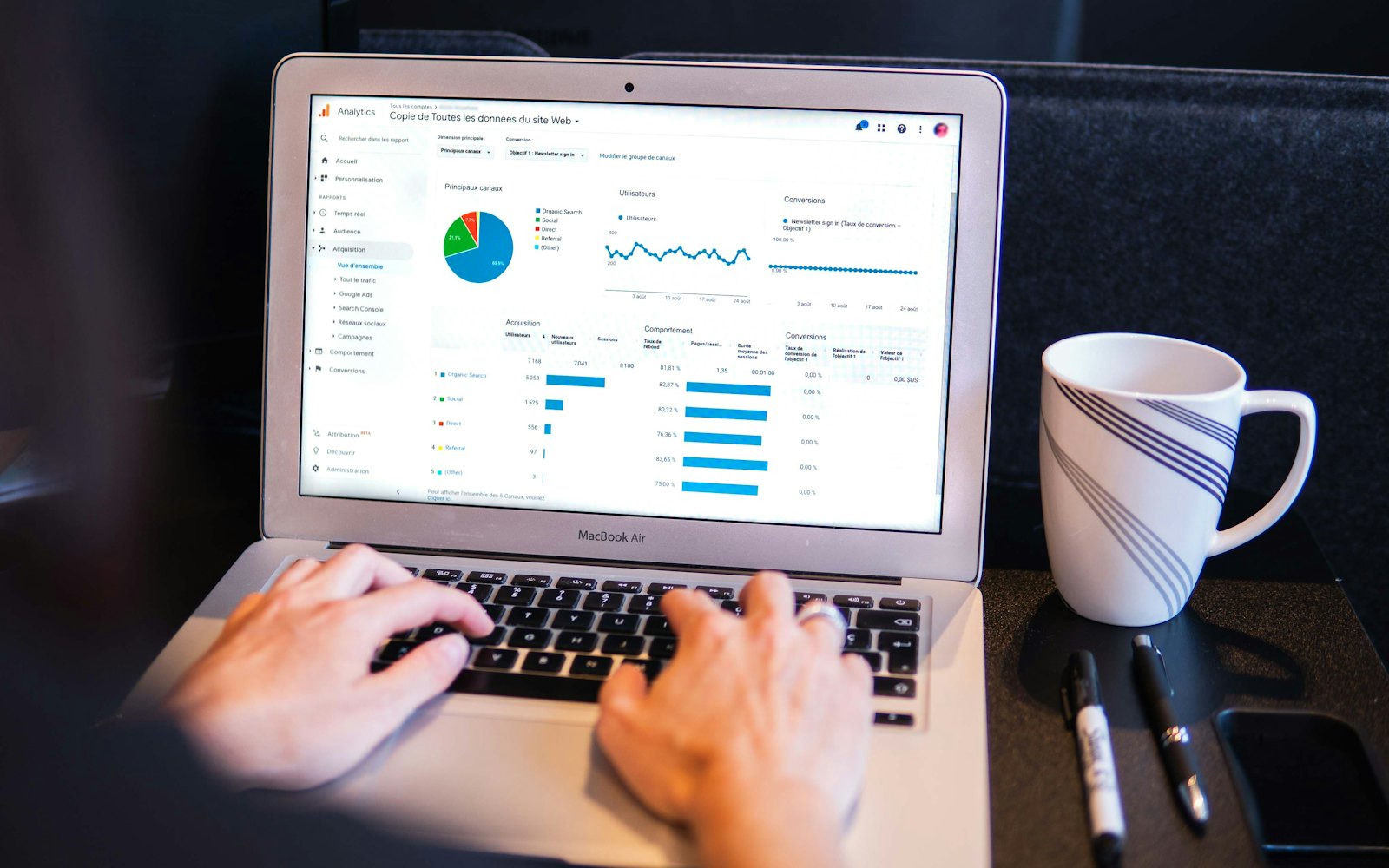 Hands typing on a laptop showing a website analytics dashboard with traffic charts, next to a white coffee mug and two pens