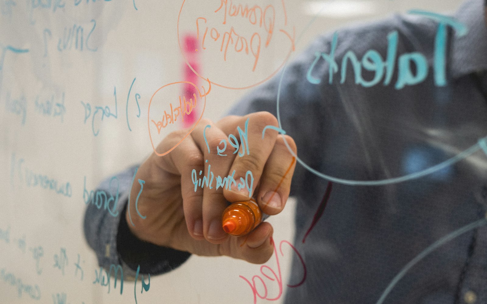A person writing diagrams on a glass whiteboard